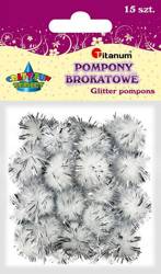 TITANUM Pompony brokatowe białe 1,8 cm, 15 sztuk